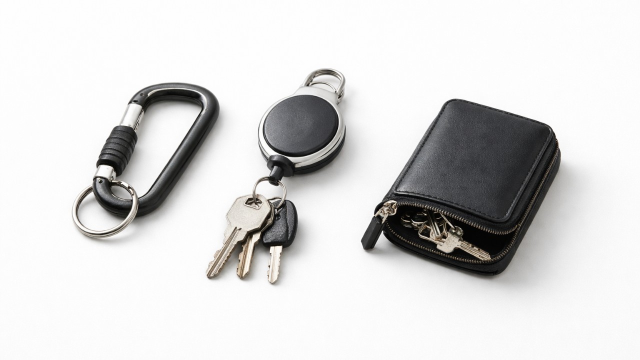 ロック付きカラビナ、リールキーホルダー、キーケースが横一列に並ぶ比較写真