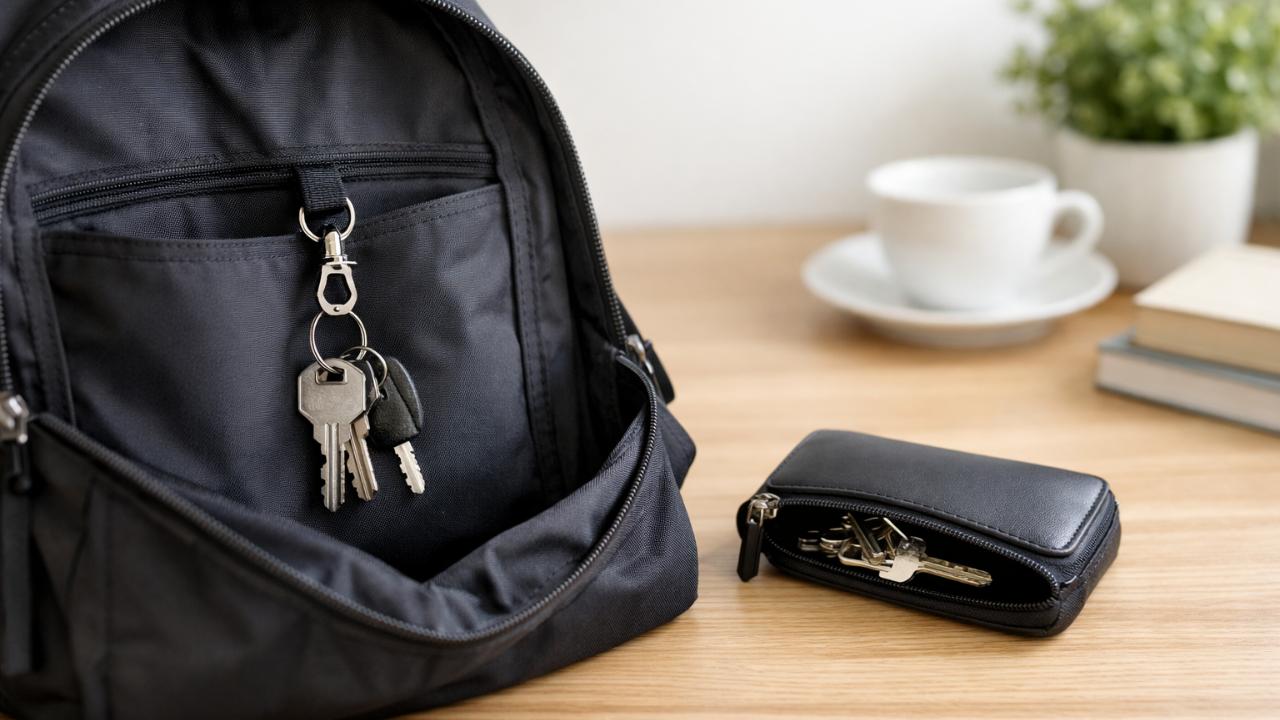 机の上に置かれたリュックの内ポケットとキーケース