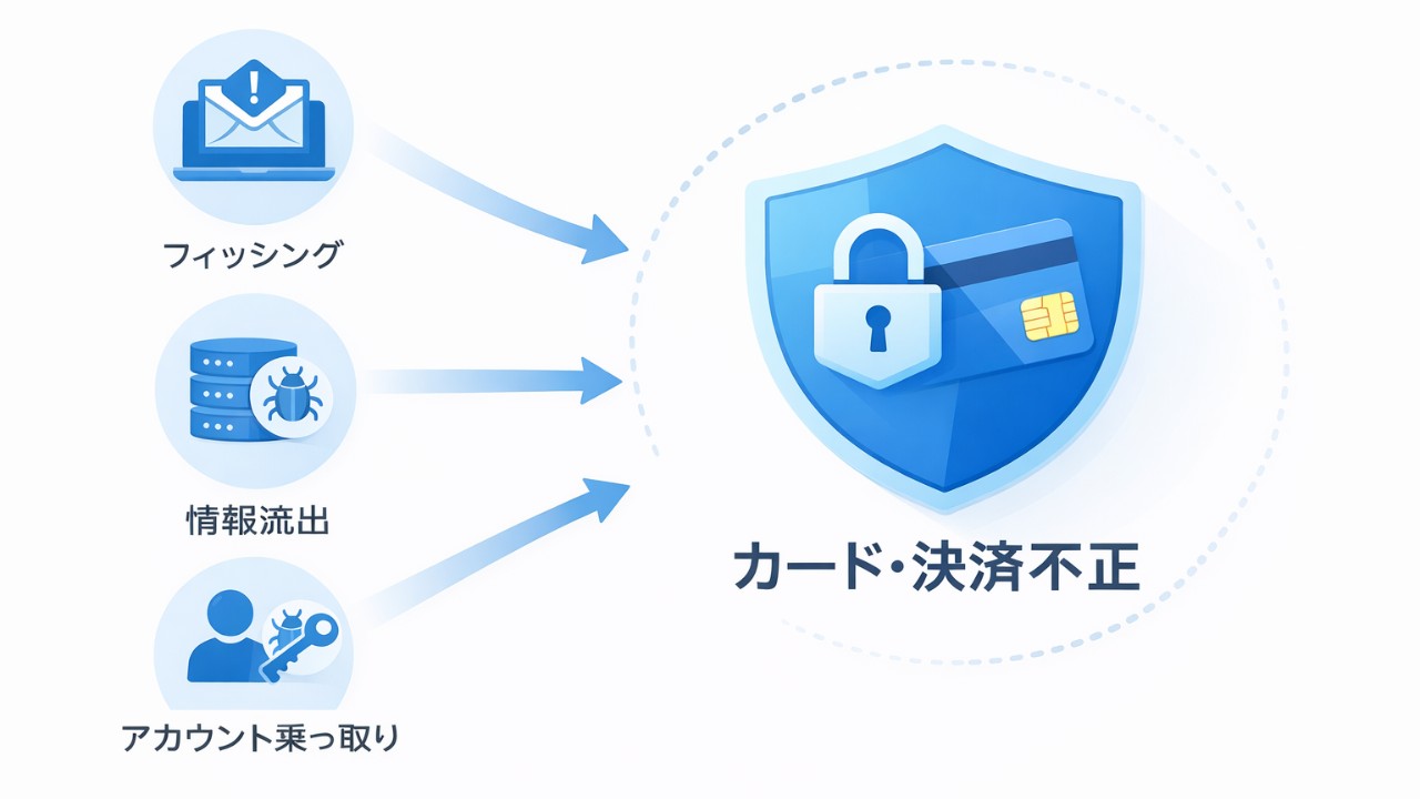フィッシング、情報流出、アカウント乗っ取りなどの不正利用経路を矢印で示すフロー図