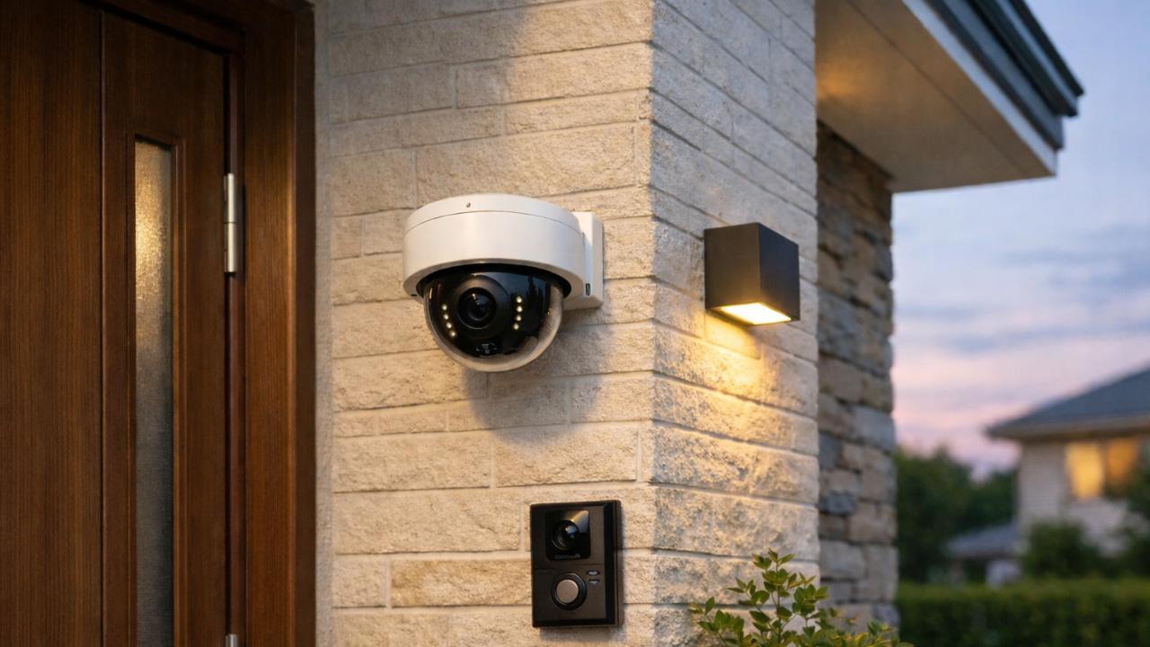 玄関まわりの外壁に設置された防犯カメラ