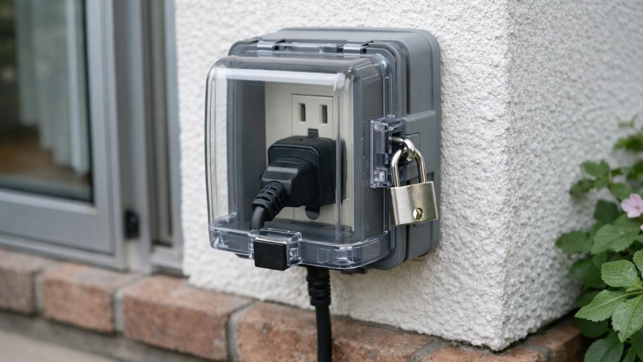 住宅の屋外コンセントに鍵付きコンセントカバーが装着されている写真