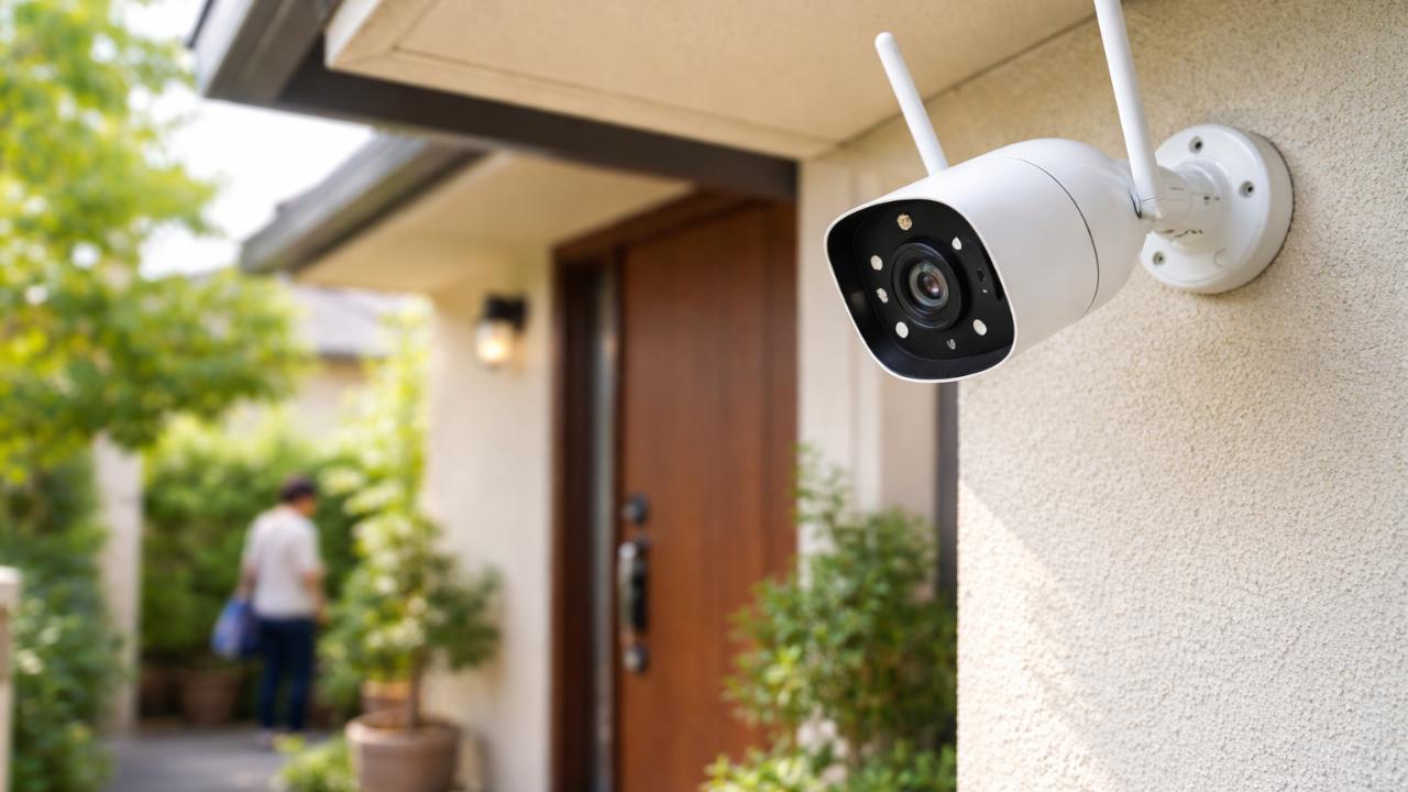 日本の一般家庭の玄関付近に小型の無線防犯カメラが設置されている様子