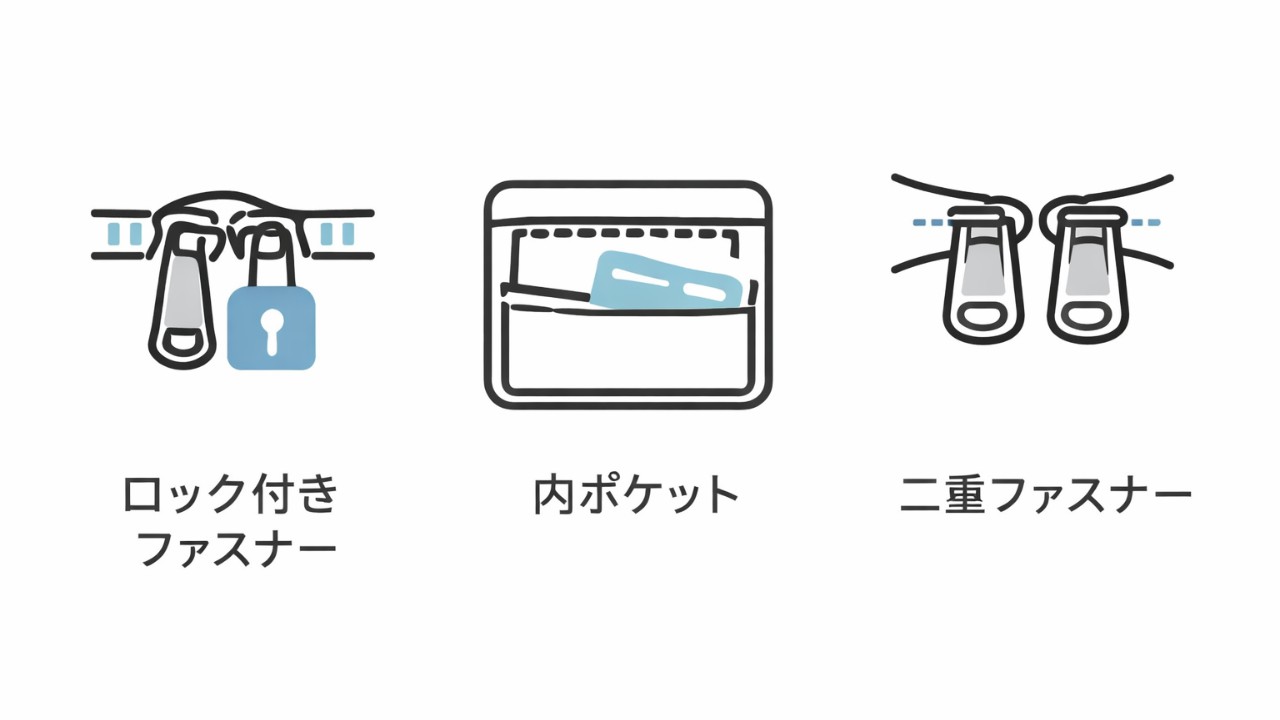 ロック付きファスナー、内ポケット、二重ファスナーを示すアイコンと短いラベルの図解