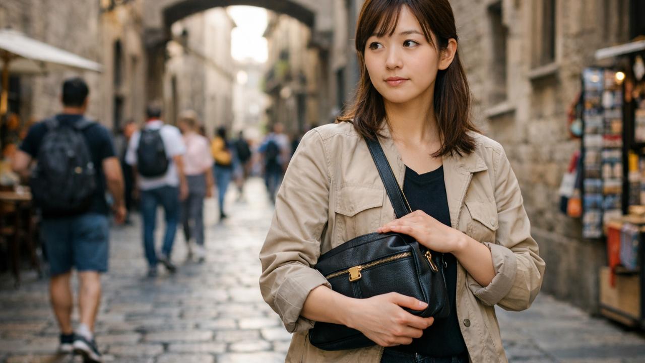 海外の石畳の観光地、日本人20代女性旅行者がブランドバッグを体の前で持ち、落ち着いた服装