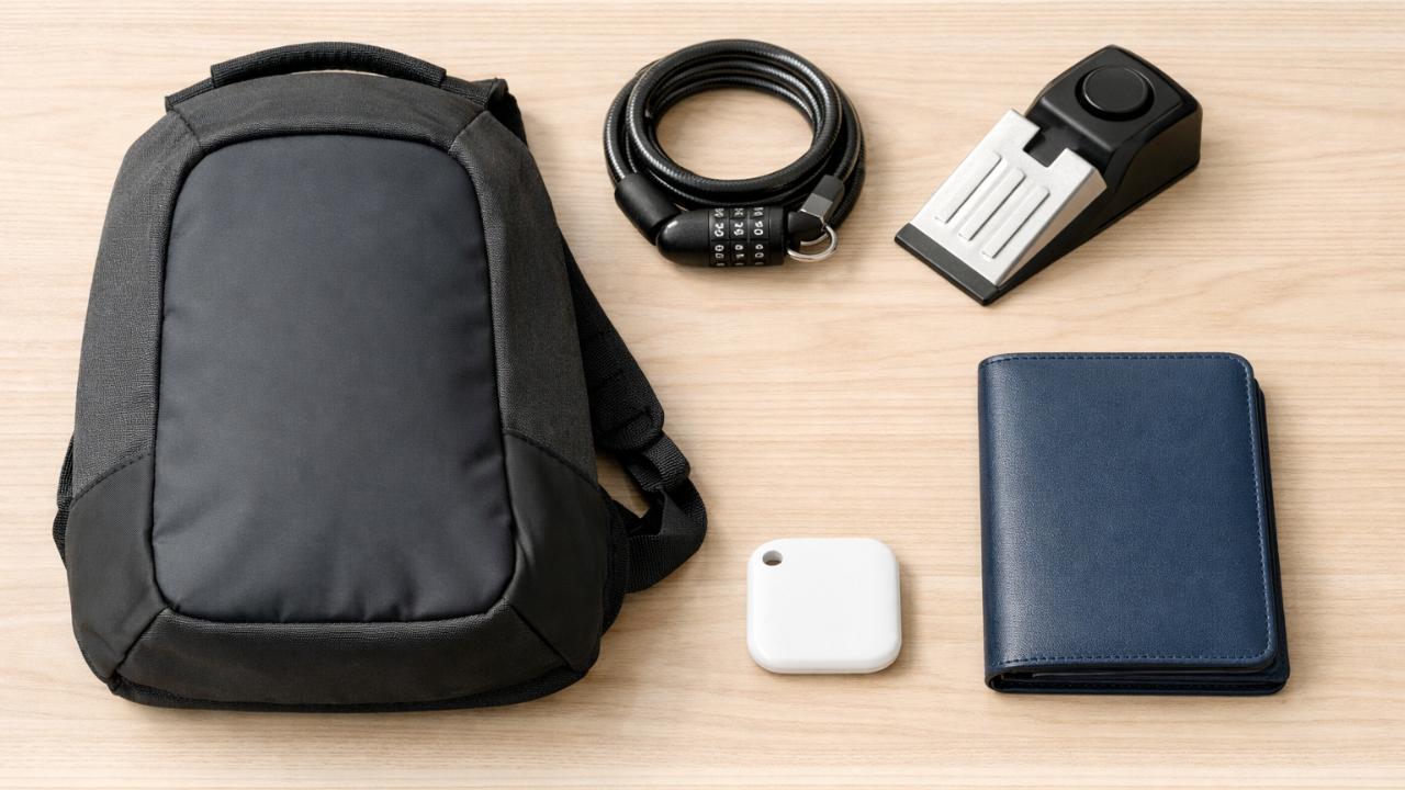 海外旅行の防犯グッズ（盗難防止バッグ、ワイヤーロック、ドアストッパーアラーム、スマートタグ、パスポートケース）