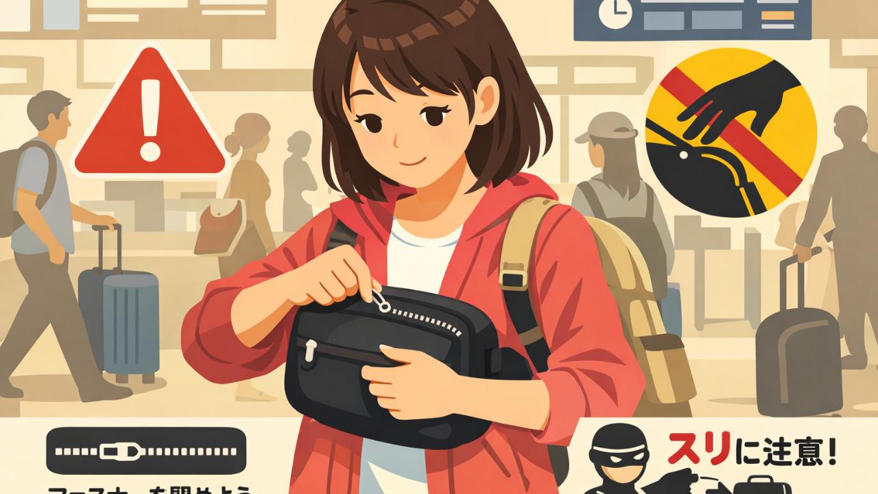 空港・駅の人混みでバッグを前持ちしている日本人20代女性旅行者、ファスナーを閉めている様子