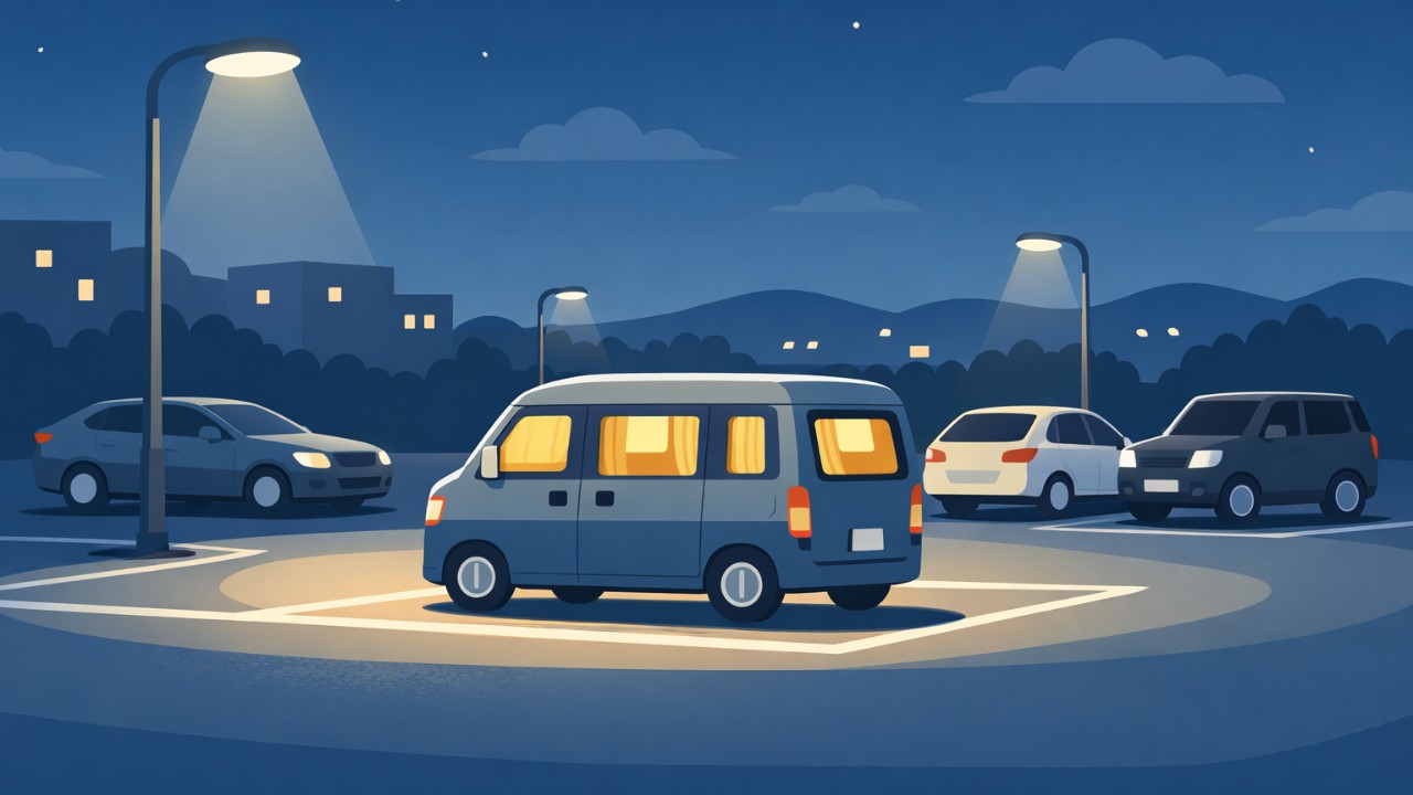 夜の駐車場で車中泊する車を遠景で描いた安全啓発のビジュアル