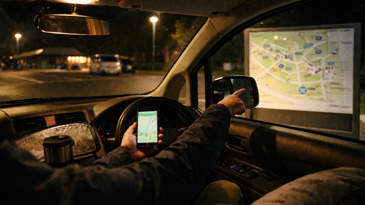 道の駅の夜、控えめな照明の駐車場