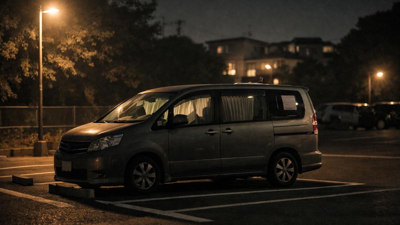 夜の駐車場、静かに停車するミニバン