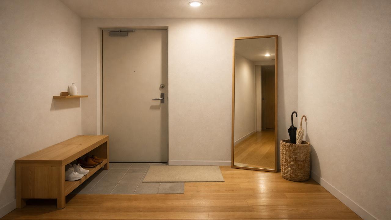 夜にセンサーライトがやさしく点灯、生活感は控えめ、無印良品風のシンプルな写真