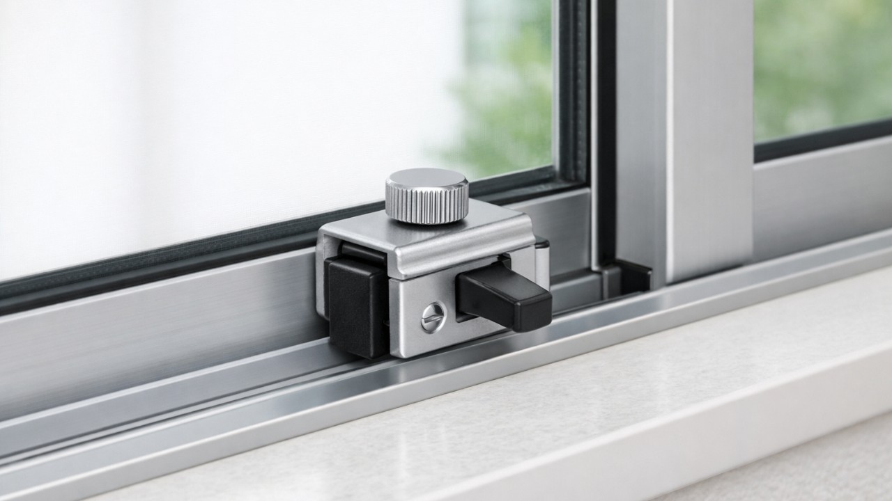 引き違い窓のサッシに取り付けた窓ストッパーのクローズアップ