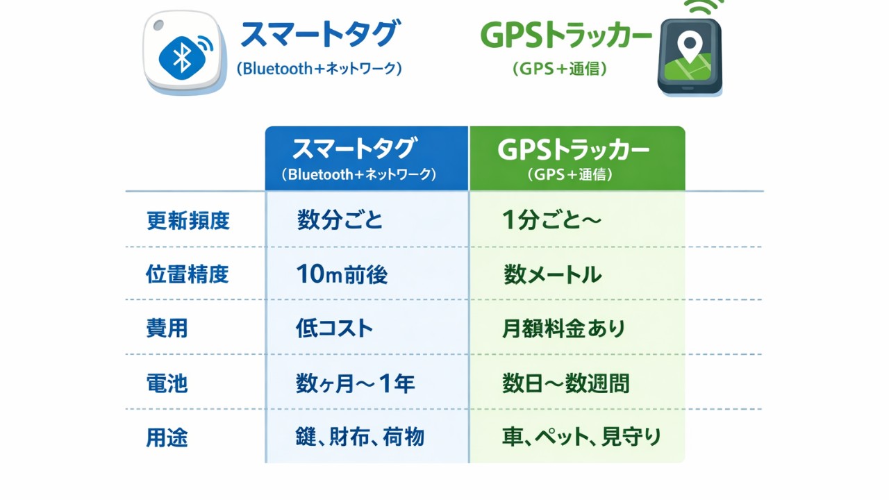 左に「スマートタグ（Bluetooth＋ネットワーク）」右に「GPSトラッカー（GPS＋通信）」