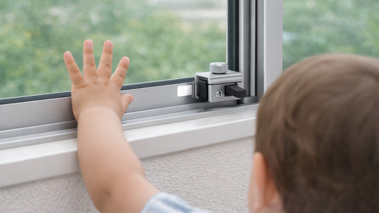 引き違い窓のサッシに取り付けた窓ストッパーのクローズアップ