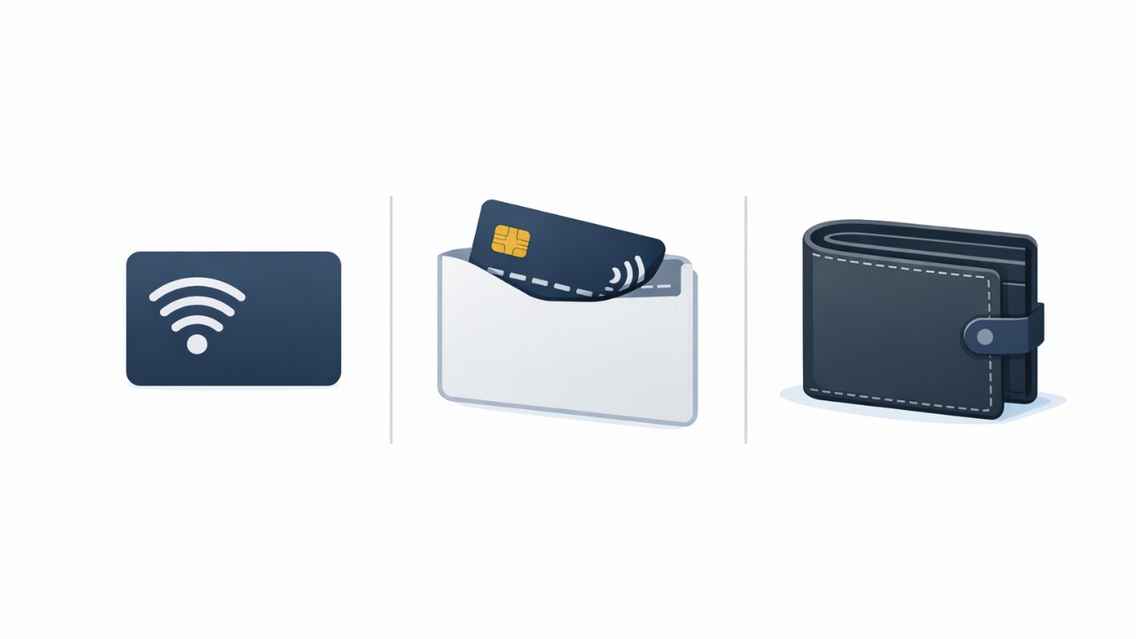 スキミング防止カード・電波遮断スリーブ・RFIDブロッキング財布の3つを横並びで比較する図解