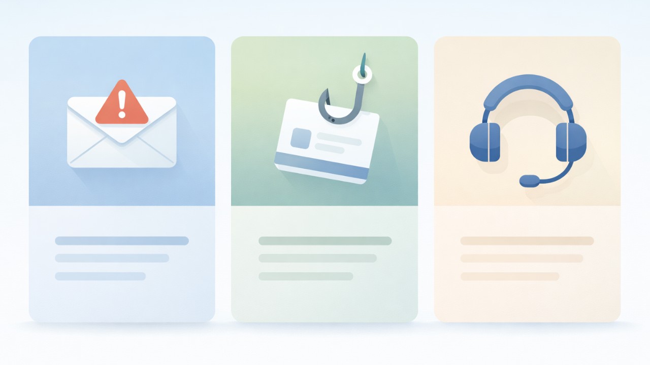 プロンプト:公式窓口(迷惑メール相談センター/フィッシング対策協議会/消費者ホットライン188)をカード型で並べた早見表風の図