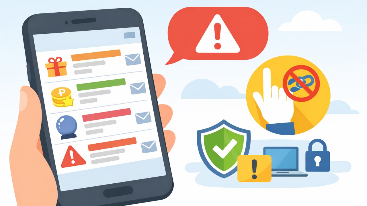 スマートフォンの受信トレイに「無料特典」「ポイント付与」などの迷惑メール