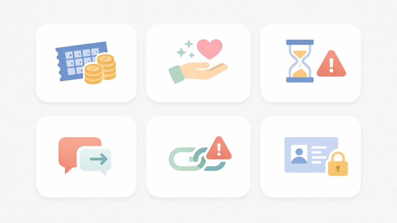 宝くじ当選・無料施術・期限指定などの危険サインを、シンプルなアイコンで並べたインフォグラフィック風