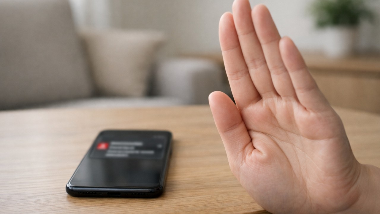 スマホの受信箱に怪しいメールが表示され、ユーザーがタップしないよう注意している雰囲気