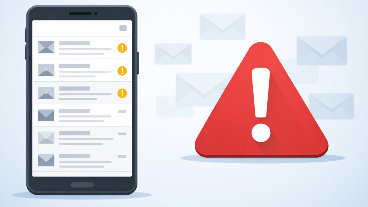 マホの受信箱にスパムメールが並び、警告マークが表示される
