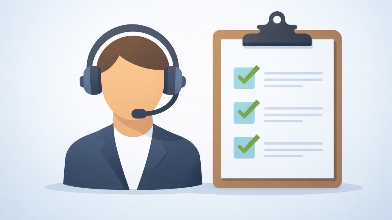 相談窓口を連想するヘッドセットのオペレーターアイコンとチェックリスト