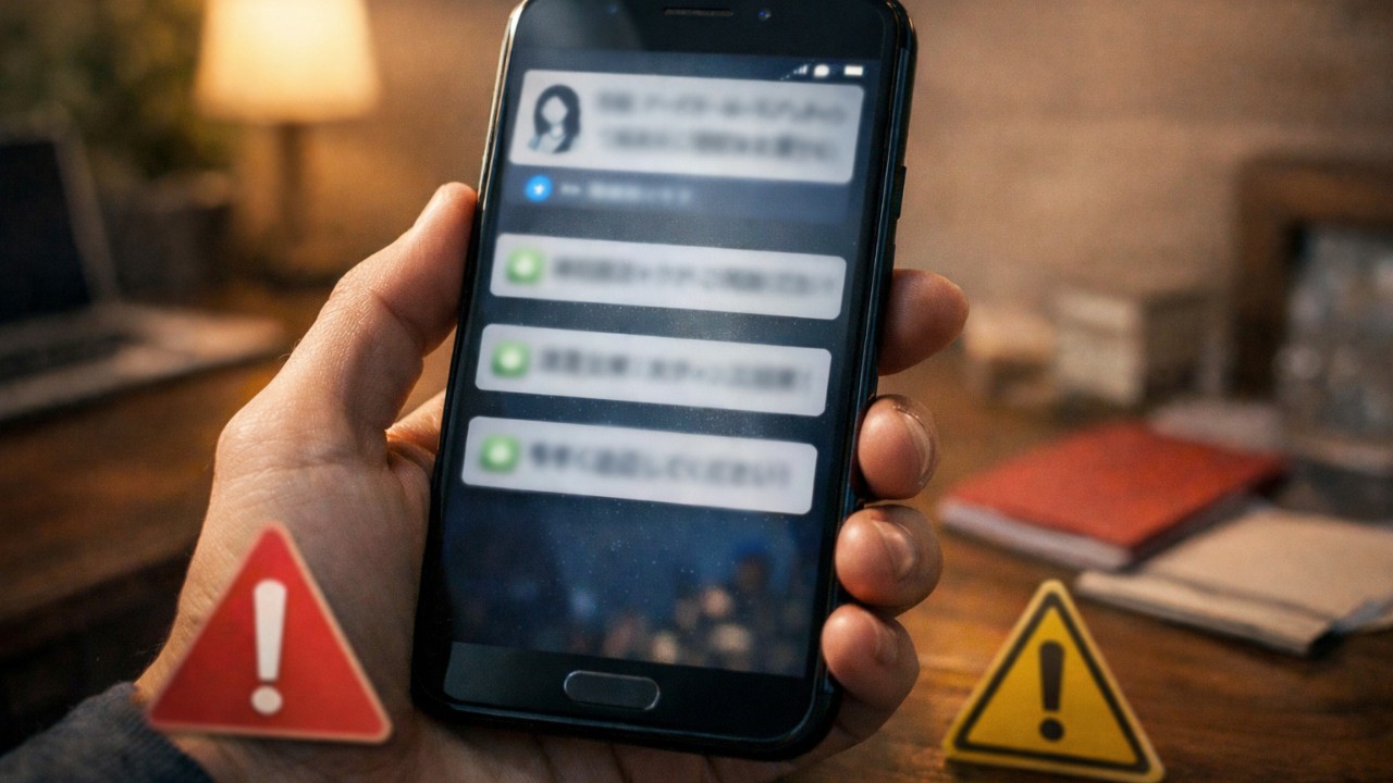 スマホ画面に「占い」「無料鑑定」「今すぐ返信」などの通知が複数表示