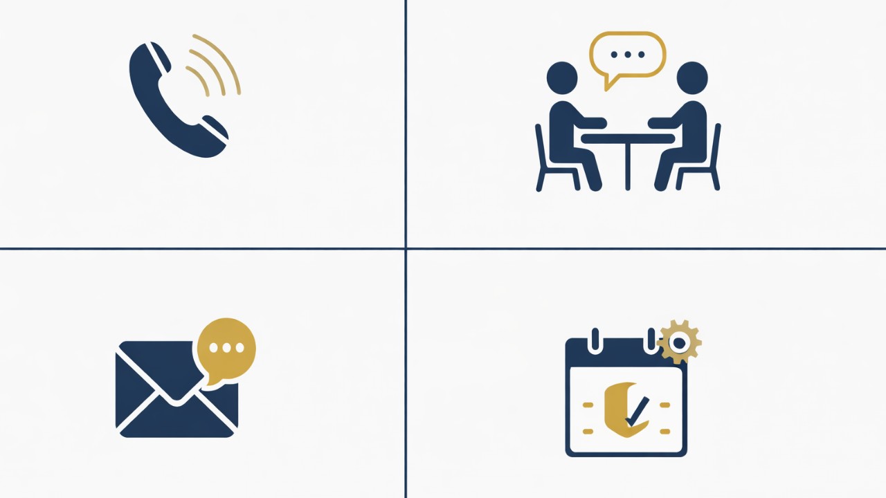電話・対面・メール・サブスクを4分割で象徴するミニアイコン構図