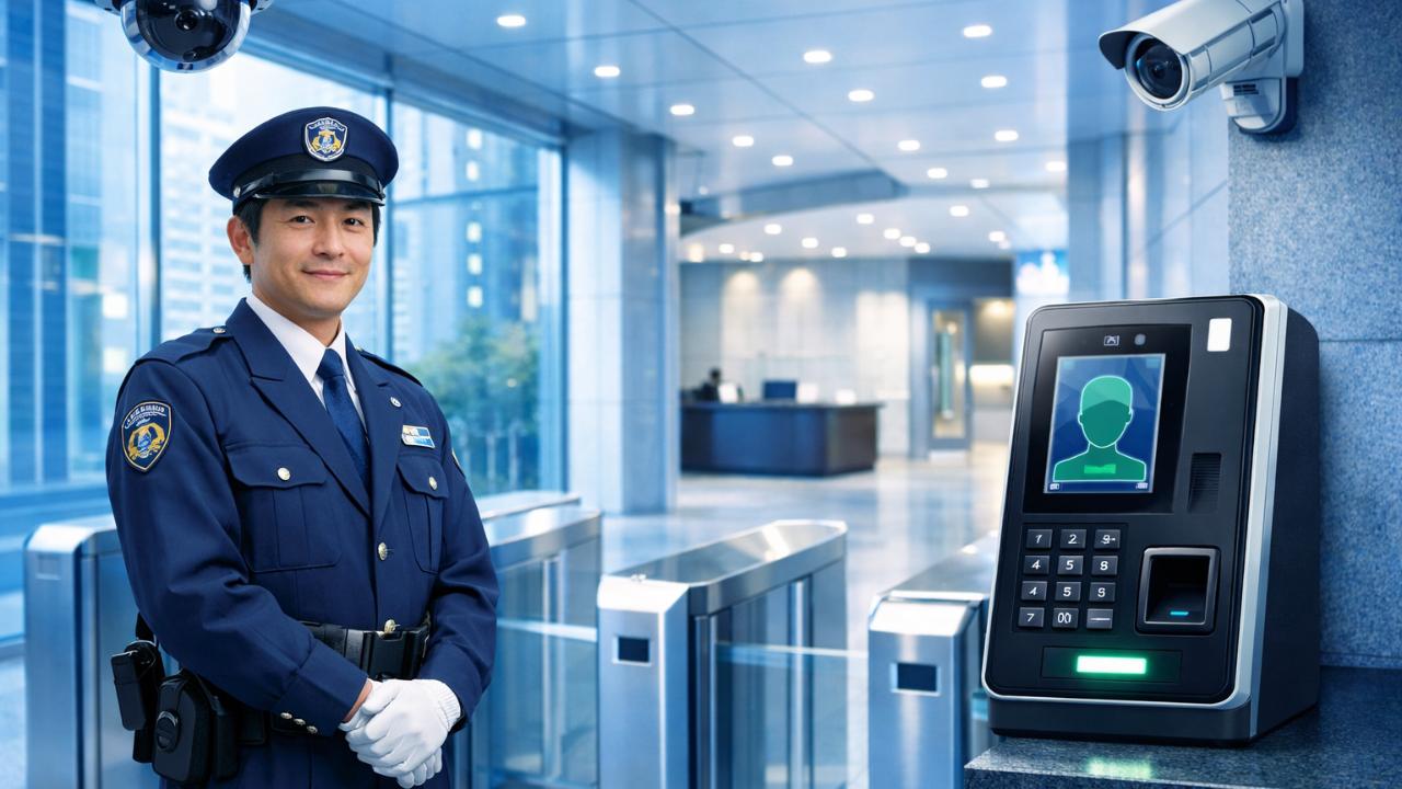 全日警、法人向けセキュリティサービスのイメージ、近代的なオフィスビルのエントランス