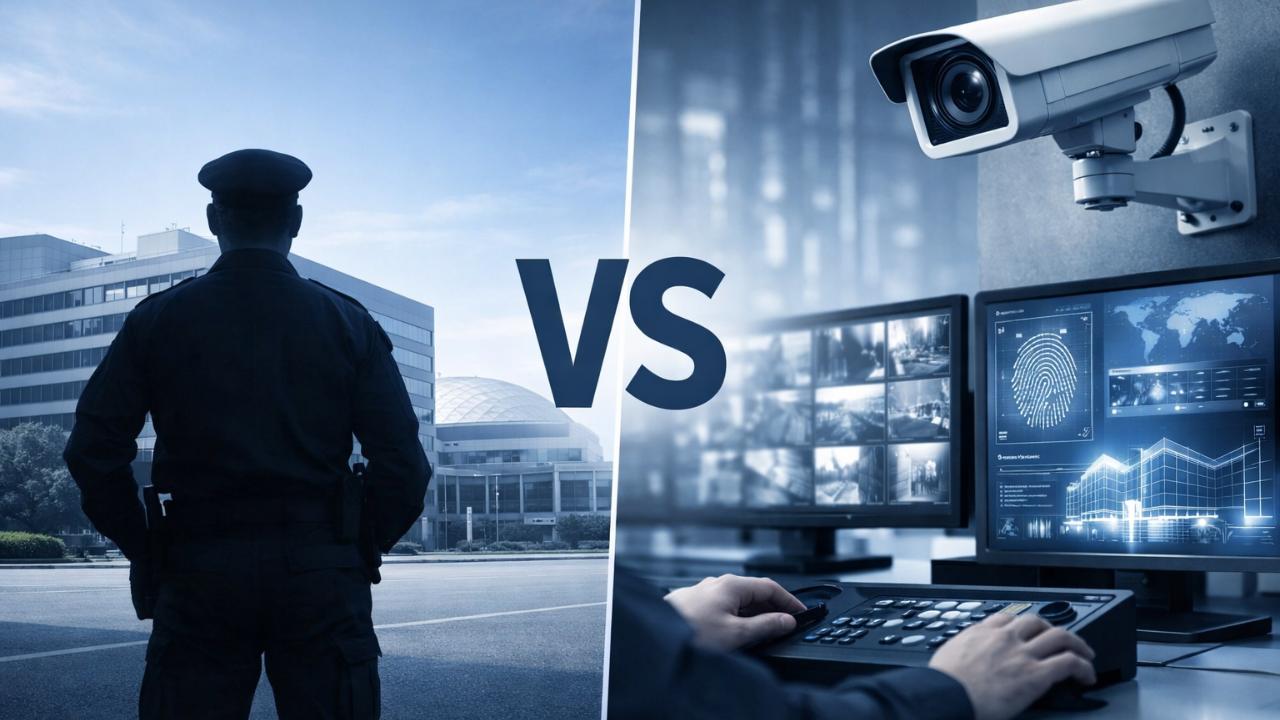 ビジネス向けで信頼感のある青とグレー基調。左に大型施設と常駐警備員のシルエット、右に監視カメラとデジタル警備システムのイメージ