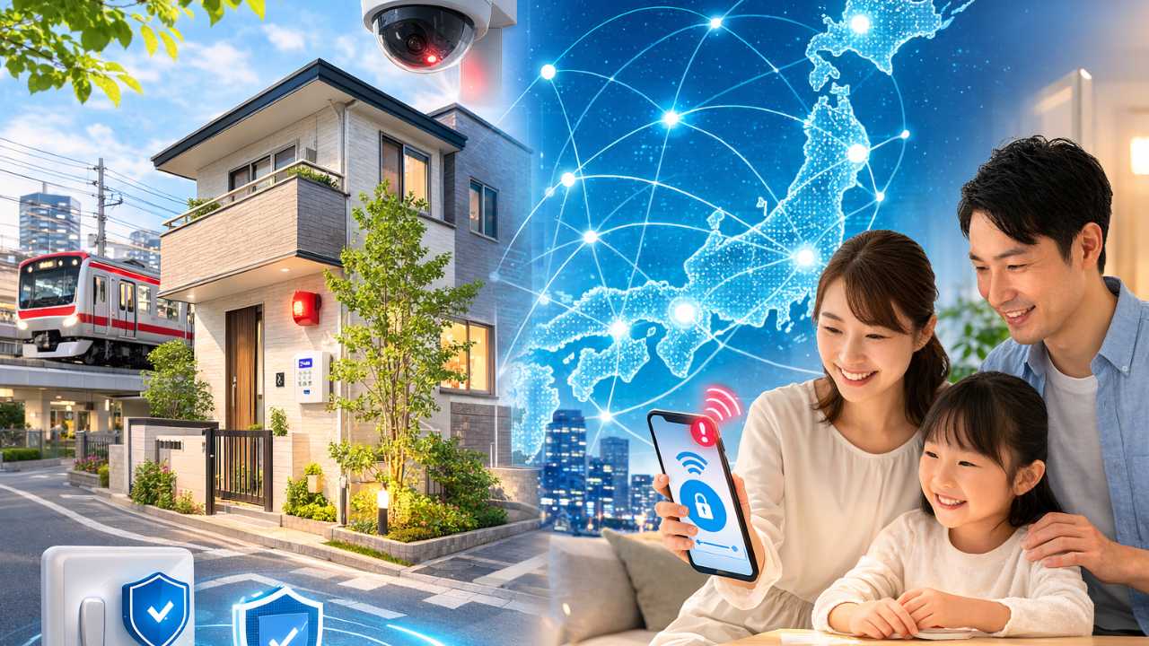 東急線沿線の住宅街と全国対応の警備網を対比させたホームセキュリティ比較イメージ