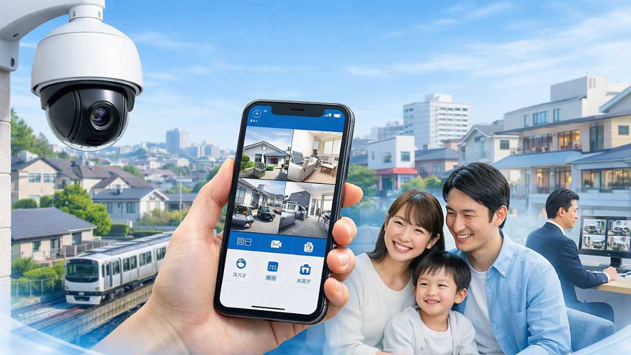 東急線沿線の住宅街と店舗街を背景に、防犯カメラ、スマートフォンでの遠隔確認、ホームセキュリティの安心感を一枚で表現した横長のメインビジュアル
