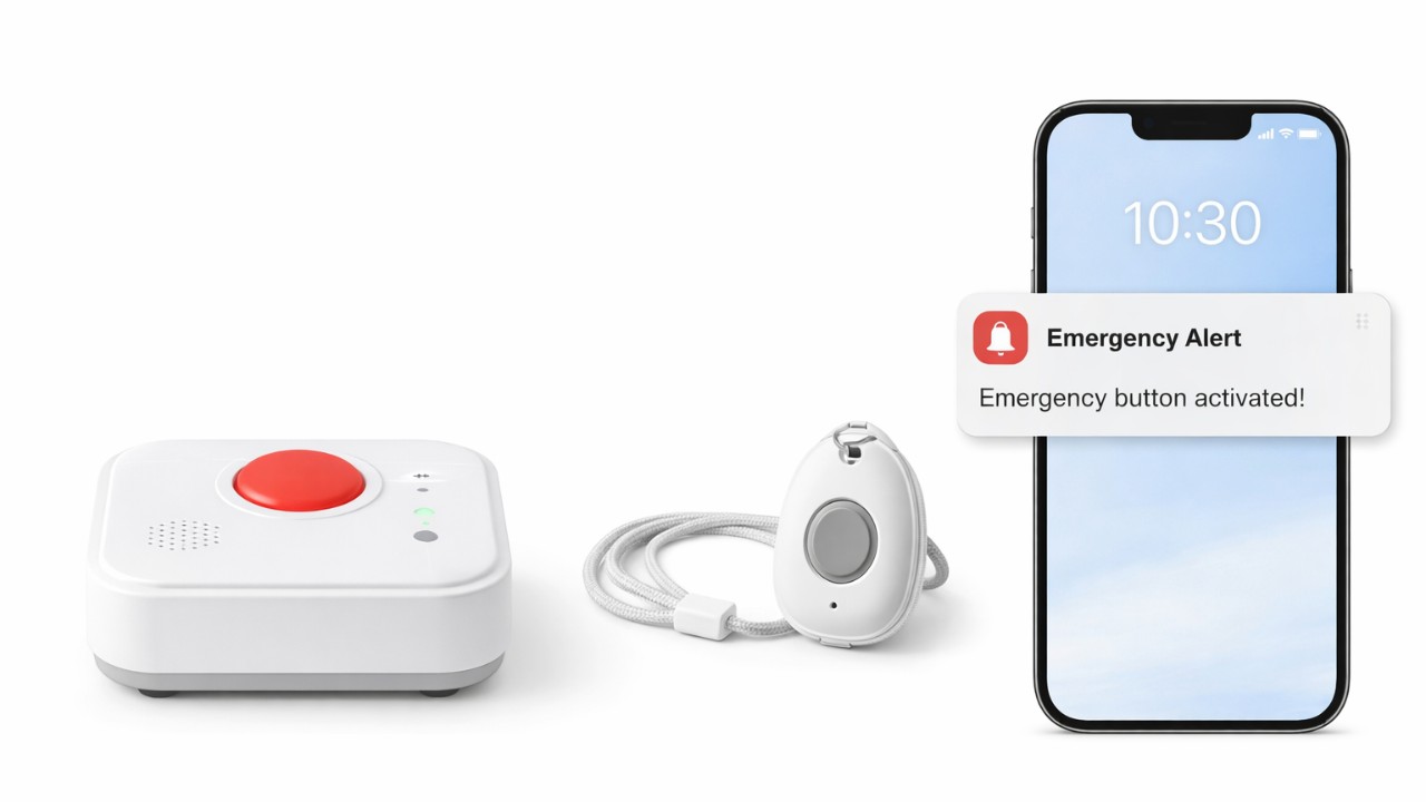 見守りサービスの端末、ペンダント、スマートフォン通知をわかりやすく並べたシンプルなビジュアル