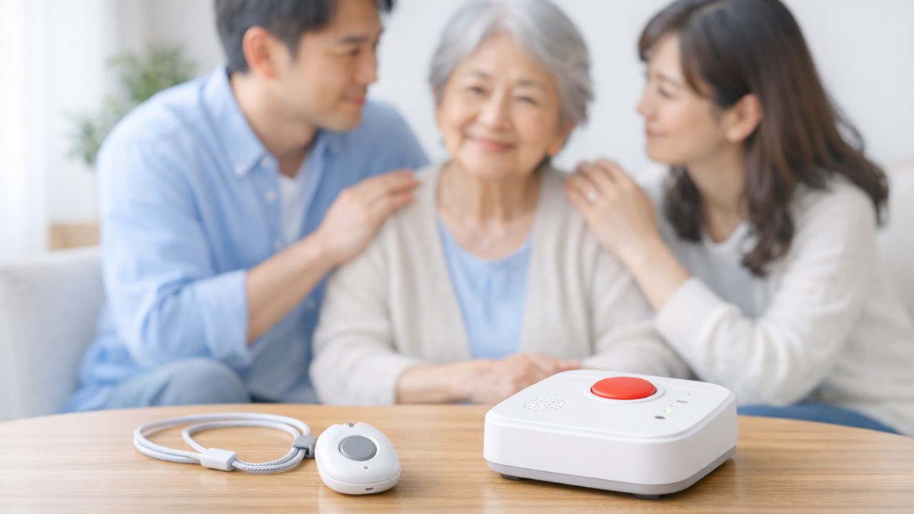 日本の一般的な室内、テーブルの上に置かれた見守り端末と小型ペンダント、高齢の親を気づかう家族の安心感が伝わる構図