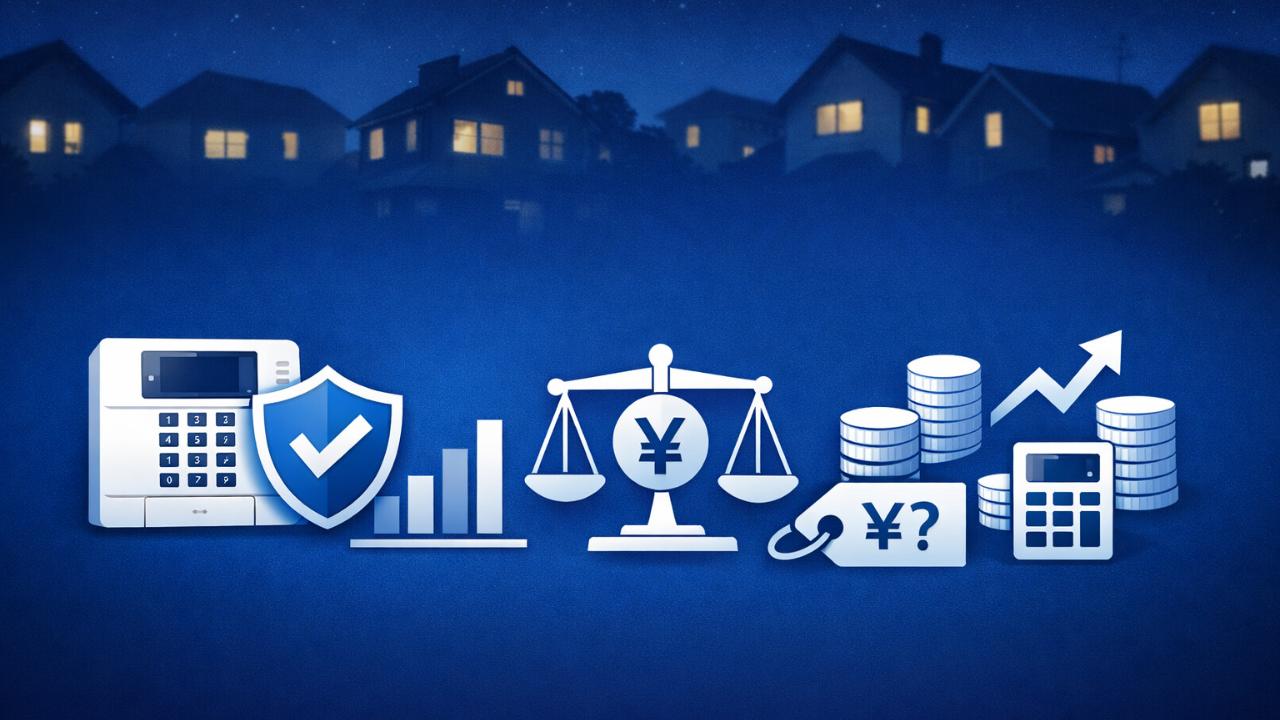 東急セキュリティの費用をテーマにした日本語ブログ用アイキャッチ。夜の住宅街を背景に、戸建て住宅のシルエット、セキュリティ端末のアイコン、料金比較を連想させるシンプルなグラフィックを配置