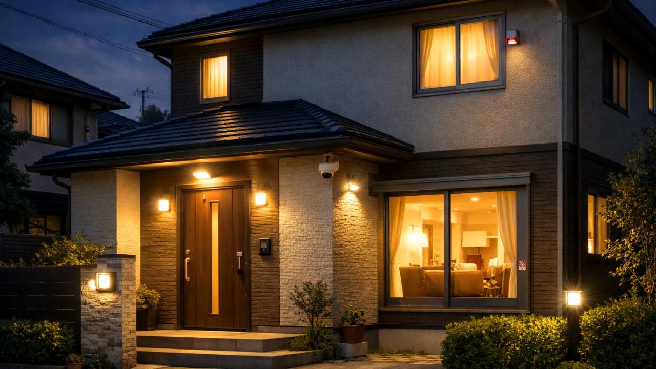 関西の落ち着いた住宅街に建つ一戸建て住宅の夜景。玄関と窓まわりにさりげない防犯イメージ