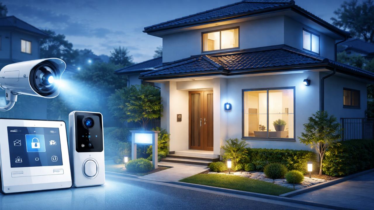 日本の住宅外観とセキュリティ機器を連想させるシンプルなビジュアル