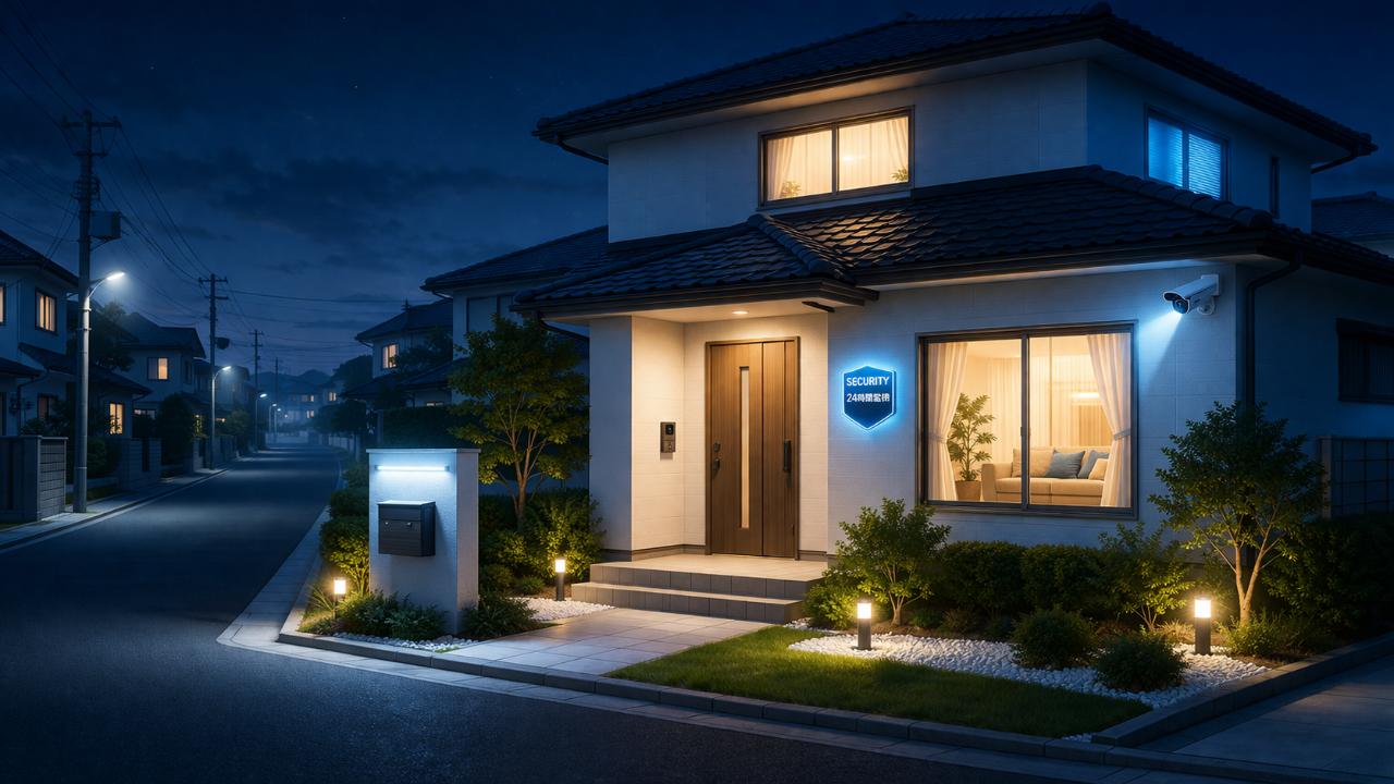 夜の日本の住宅街にある一戸建て住宅、玄関と窓にやわらかな防犯ライト、安心感のある青と白を基調にしたホームセキュリティのイメージ