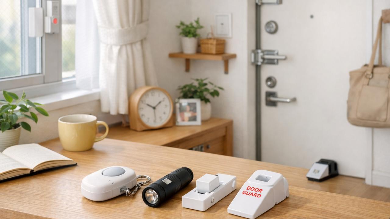 明るく清潔感のある日本の一人暮らしの室内、窓と玄関まわりに小さな防犯対策グッズが自然に配置されている