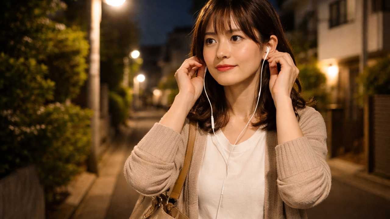 夜道の住宅街で、イヤホンを外して周囲を確認しながら明るい道を歩く一人暮らし女性