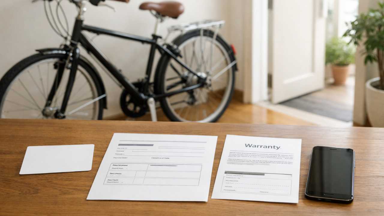 ネット購入した新しい自転車が室内の明るい玄関付近に置かれ、テーブルの上に身分証の代わりになる無地カード