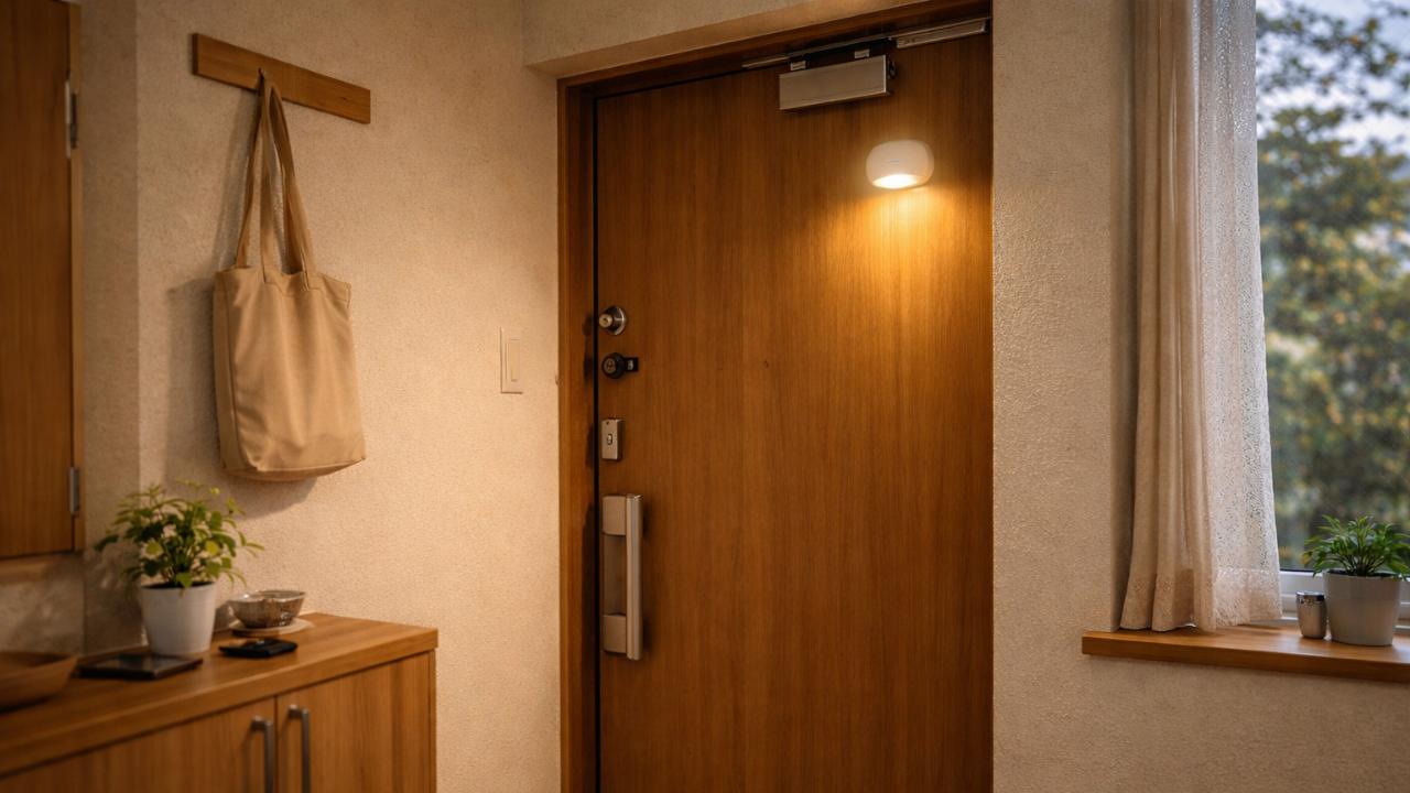 玄関ドアの内側にやさしい光のセンサーライトが点灯している日本の室内、帰宅時の安心感が伝わる構図
