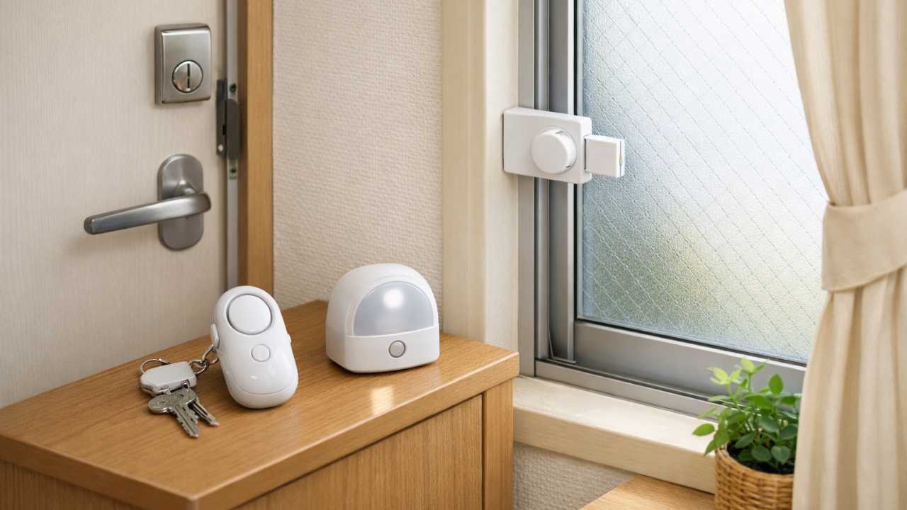 日本の一人暮らしの部屋の玄関付近に、防犯ブザー、窓ロック、センサーライトなどのシンプルな防犯グッズが自然に置かれている様子