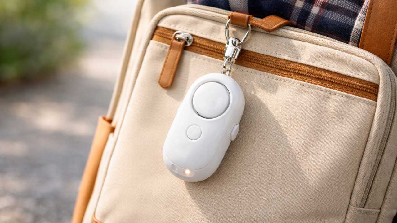 通学用バッグに取り付けられた防犯ブザーのクローズアップ