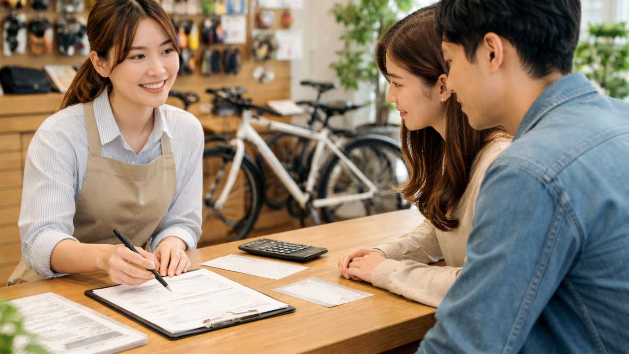 自転車店またはホームセンターのサービスカウンターで防犯登録の相談をしている雰囲気