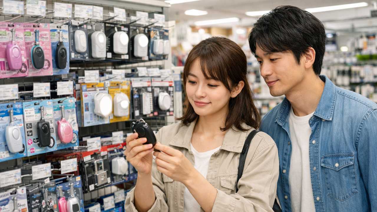 日本のディスカウントストアで防犯グッズを探す20代から30代の生活者、売り場には防犯ブザー、センサーライト、小型の補助錠が自然に並ぶ