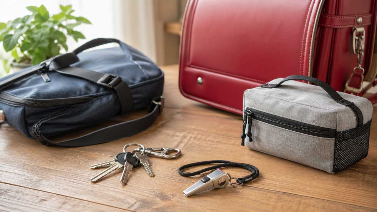 防犯ホイッスルを中心に、鍵、通勤バッグ、ランドセル、防災ポーチを自然に配置したブログ用アイキャッチ画像