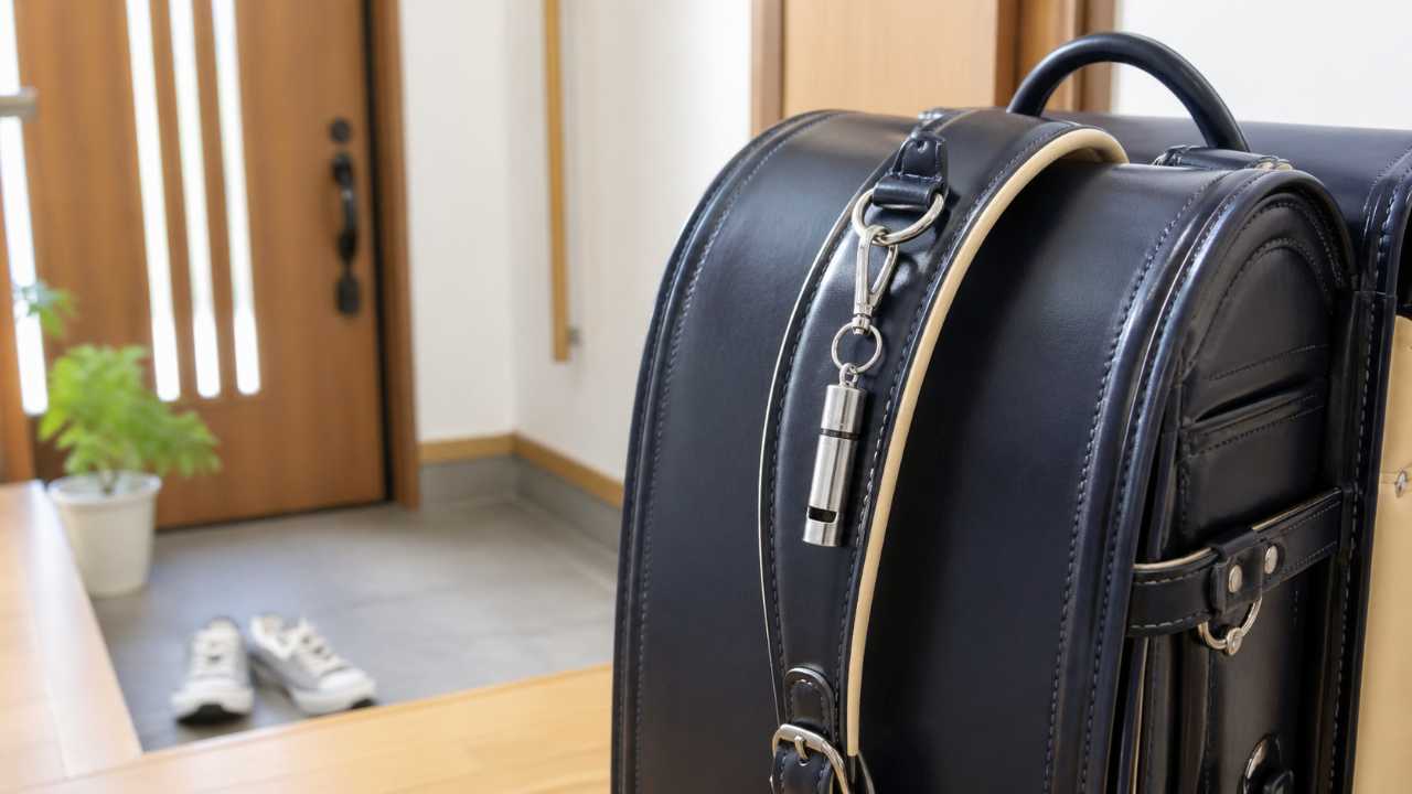 ランドセルの肩ベルトに小型の防犯ホイッスルが取り付けられている実写風写真