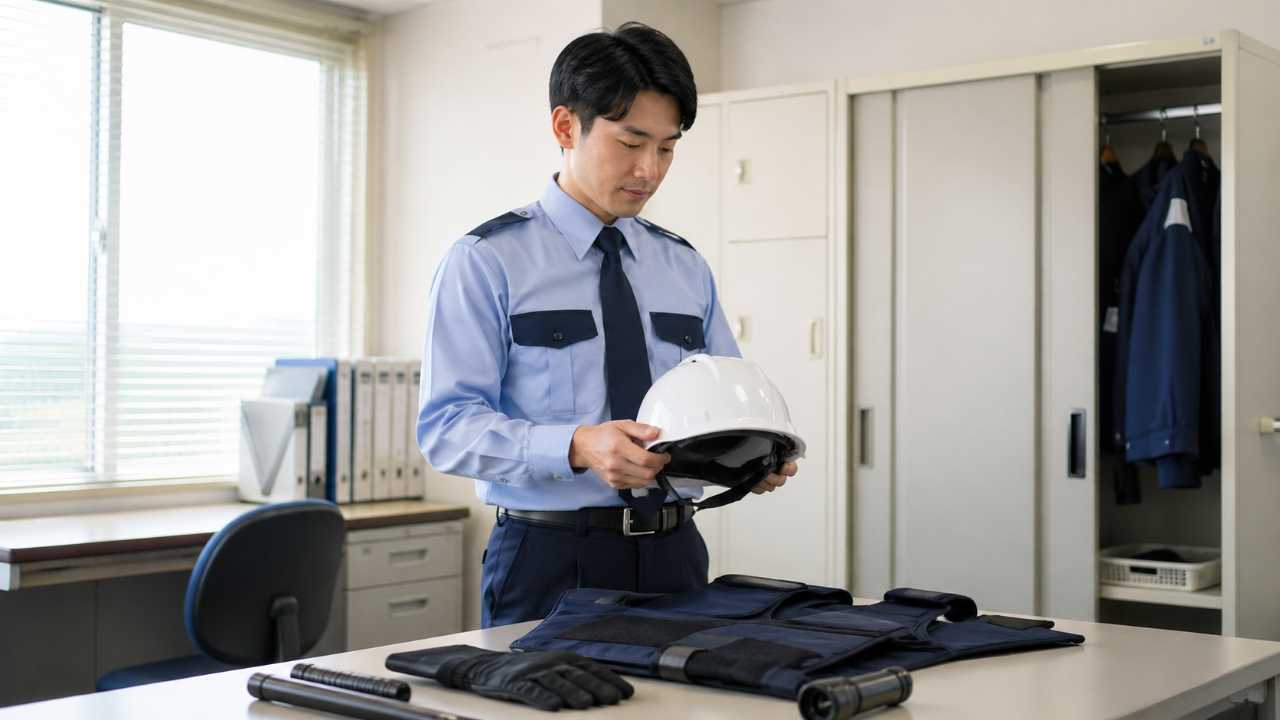 警備員が業務開始前にヘルメットやベストなどの装備を確認している実写風イメージ