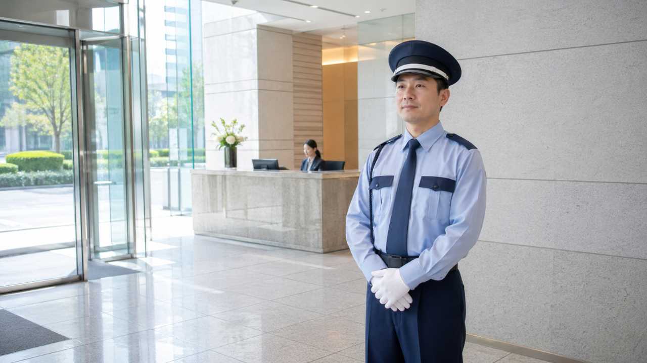 日本の大型オフィスビルのエントランスで、清潔感のある制服を着た警備員が落ち着いた表情で立哨している実写風ブログ用アイキャッチ