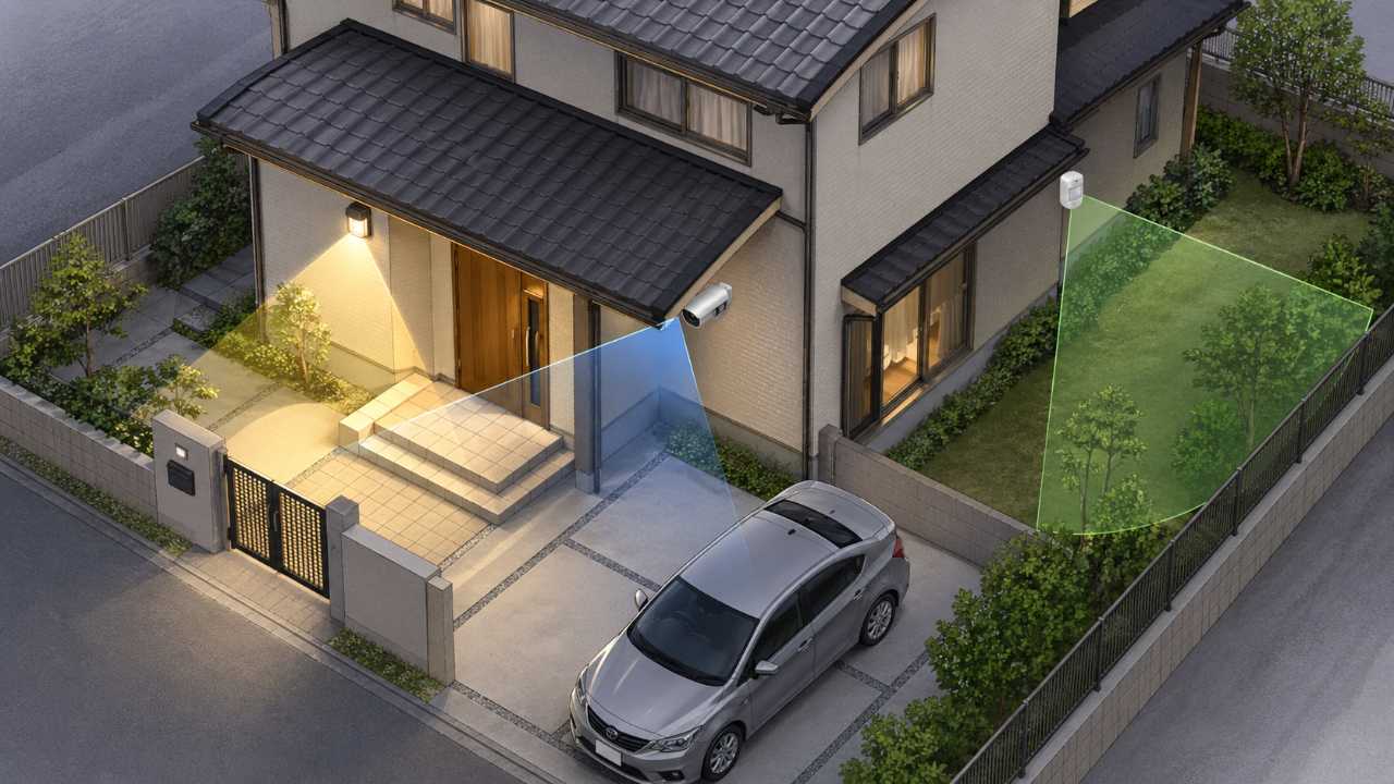 防犯カメラ、センサーライト、画像センサーの違いをイメージできるシンプルな住宅外観の俯瞰図風ビジュアル