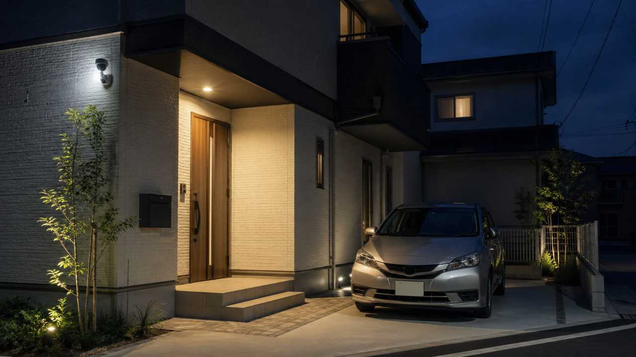 日本の戸建て住宅の玄関と駐車場を背景に、壁面に設置された人感センサー付き防犯カメラとセンサーライトが夜間にやわらかく点灯している様子